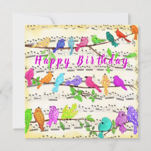 Cartão de Aniversário Colorido Músicas Pássaros Pr