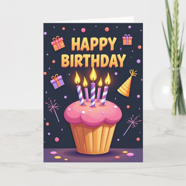 Cartão de Aniversário com Arte de Cupcake (Frente)