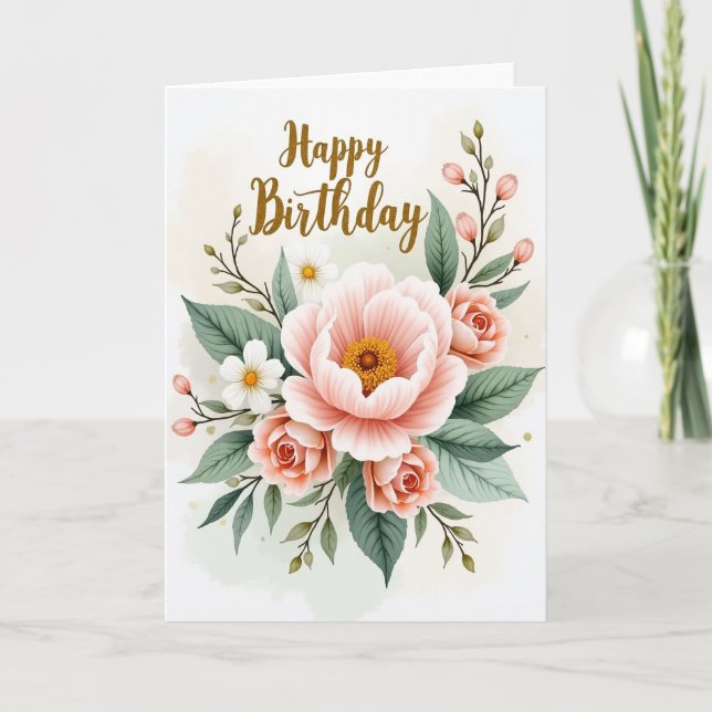 Cartão de Aniversário com Arte de Rosa Rosa (Frente)