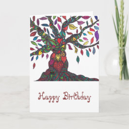 Cartão de aniversário com árvore colorida e coraçõ