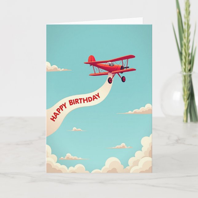 Cartão de Aniversário com Avião Biplano (Frente)