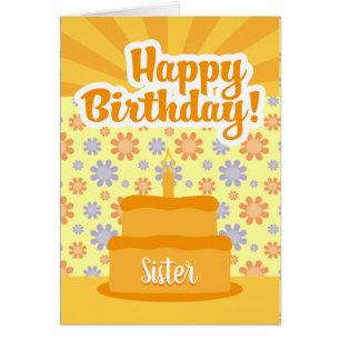 Cartão De Aniversário Com Bolo E Flores Para Irmã