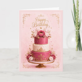 Cartão de Aniversário com Bolo Elegante Rosa e Dou