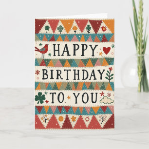 Cartão de Aniversário com Bunting de Arte Folclóri