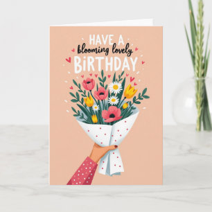 Cartão de Aniversário com Buquê de Flores na Mão