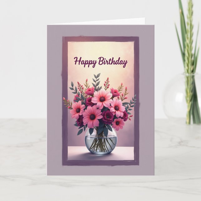 Cartão de Aniversário com Buquê Rosa (Frente)