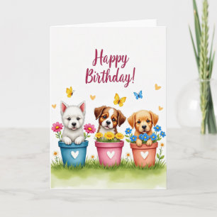 Cartão de Aniversário com Cachorrinho em Vaso de F