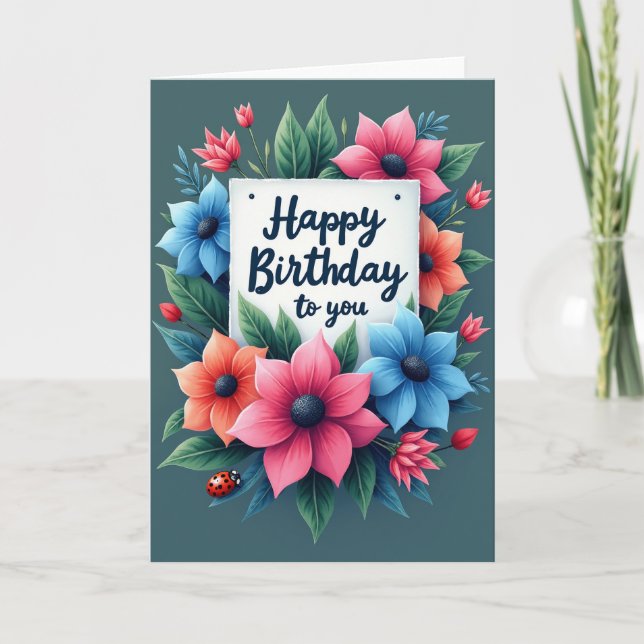 Cartão de Aniversário com Coroa de Flores Elegante (Frente)
