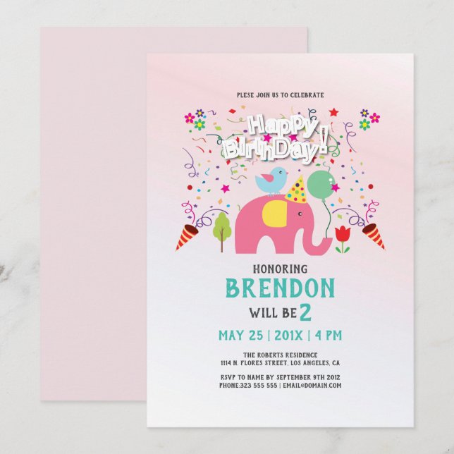 Cartão de aniversário com elefante e ave (Frente/Verso)