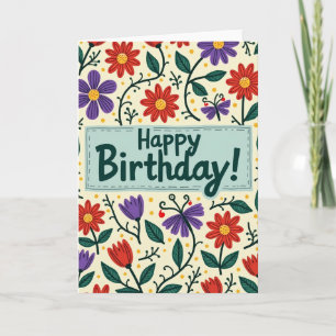 Cartão de Aniversário com Flor Desenhada à Mão
