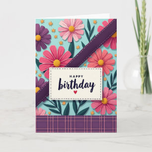 Cartão de Aniversário com Flores Costuradas