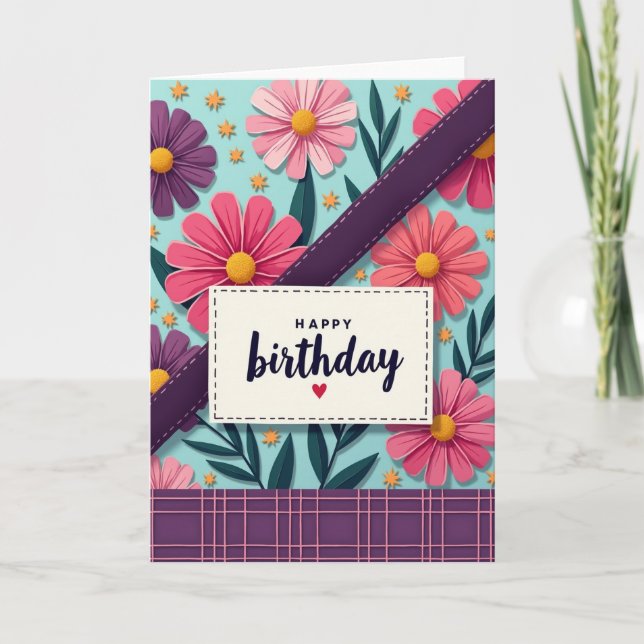 Cartão de Aniversário com Flores Costuradas (Frente)