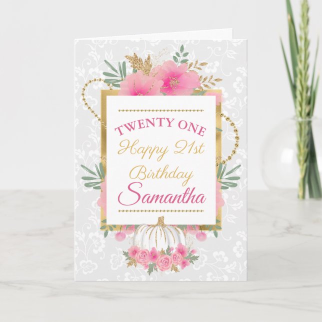 Cartão de Aniversário com Flores de Abóbora Rosa e (Frente)