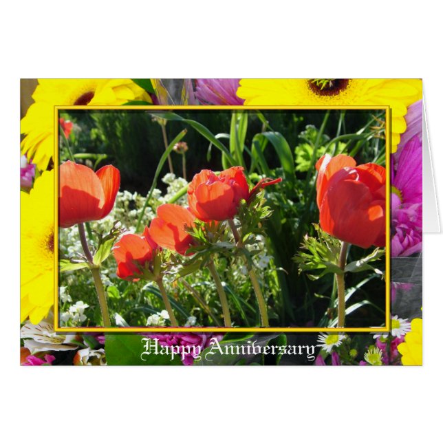 Cartão de aniversário com flores de jardim vermelh (Frente Horizontal)