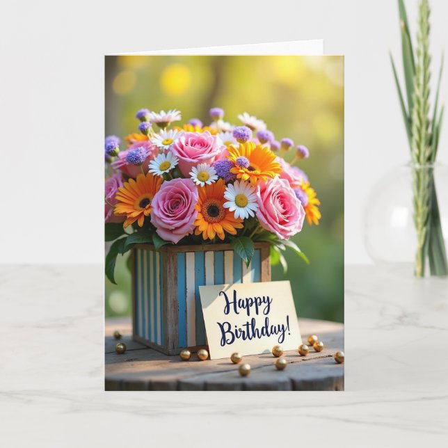 Cartão de Aniversário com Flores em Caixa Rústica (Frente)