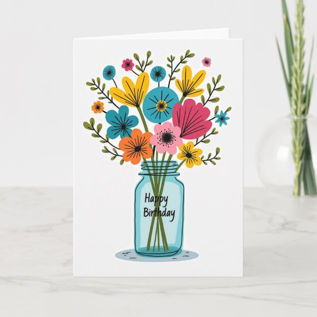 Cartão de Aniversário com Flores Estilizadas (Frente)