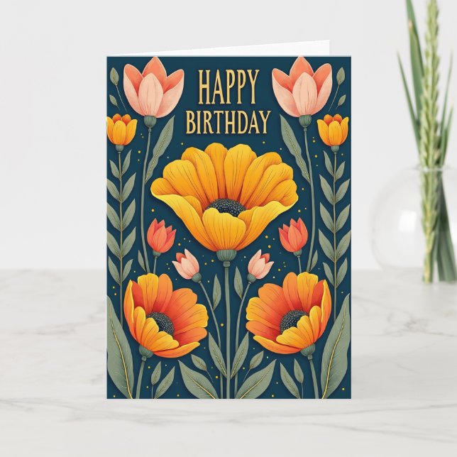Cartão de Aniversário com Flores Radiantes (Frente)