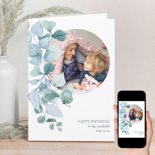 Cartão de aniversário com foto redonda de folhas d