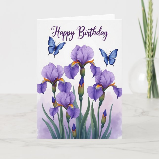 Cartão de Aniversário com Íris Dulces em Flor (Frente)