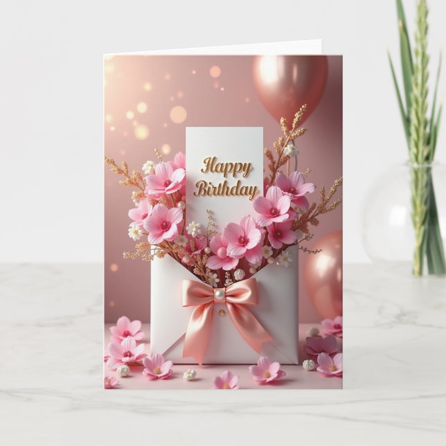 Cartão de Aniversário com Laço Rosa Claro (Frente)
