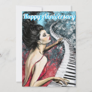 Cartão de aniversário com Lady no Piano Vermelho