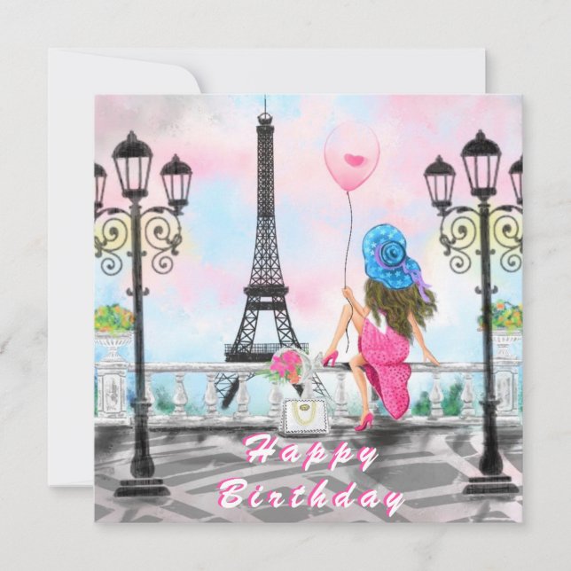 Cartão de aniversário com mulher na Torre Eiffel d (Frente)