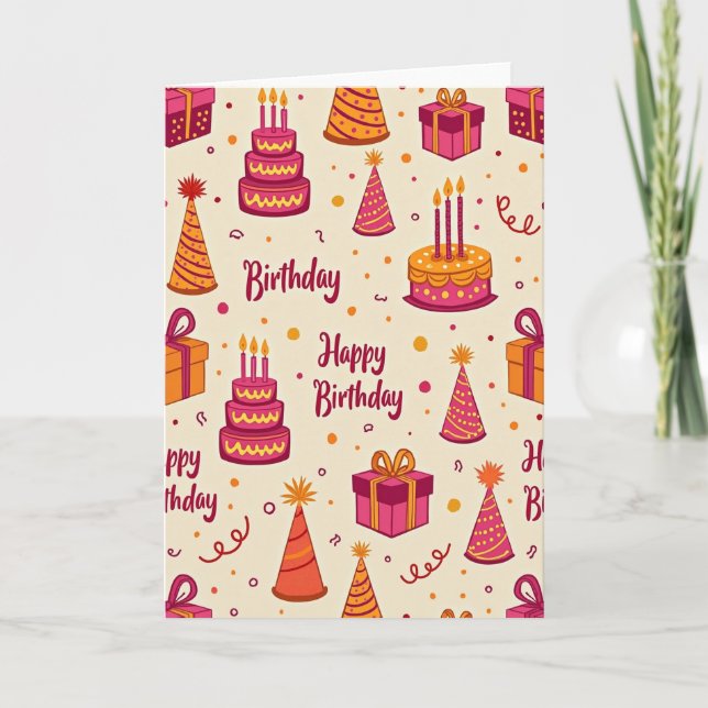 Cartão de Aniversário com Padrão Alegre (Frente)