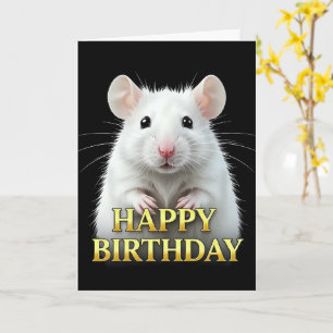 CARTÃO DE ANIVERSÁRIO COM RATO BRANCO EM CLOSEUP N