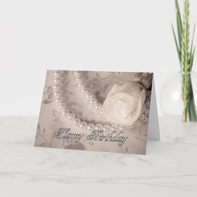 Cartão de aniversário com rosas e pérolas (Frente)