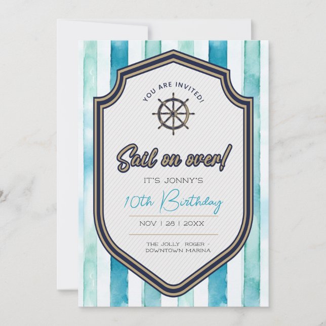 Cartão de aniversário com tema náutico. Décimo ani (Frente)