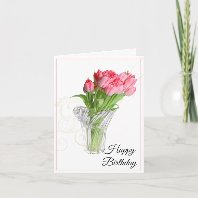 Cartão de Aniversário com Tulipas Rosa-Rosa (Frente)