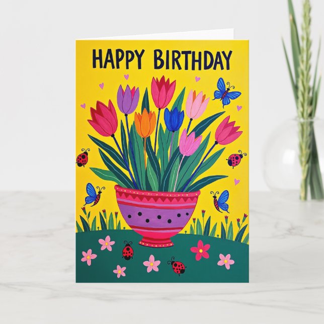 Cartão de aniversário com vaso floral vibrante (Frente)
