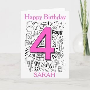 Cartão de aniversário cor-de-rosa com 4 anos
