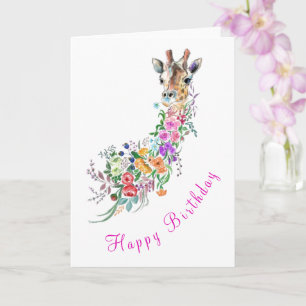 Cartão de Aniversário da Girafa Buquê Flores