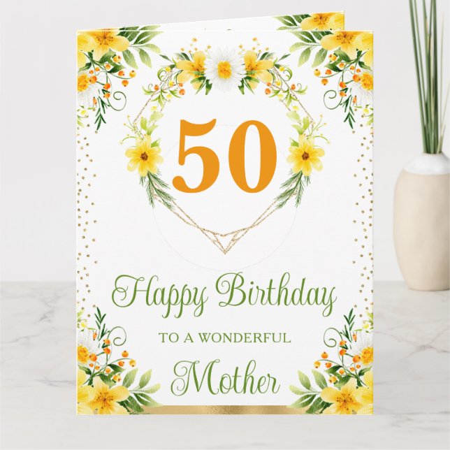 Cartão de Aniversário da Mãe com Margaridas e Flor (Frente)