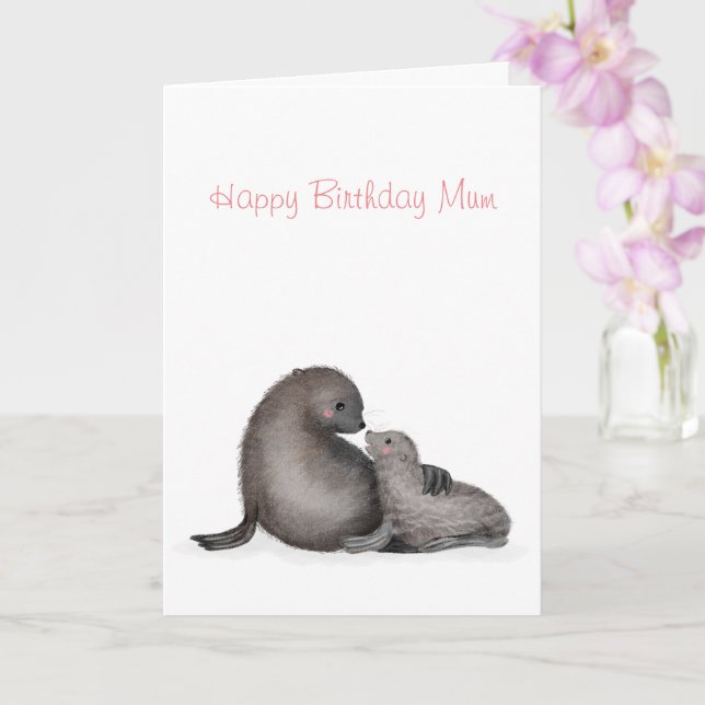 Cartão de aniversário da mãe e do bebê foca para a (Orquídea)