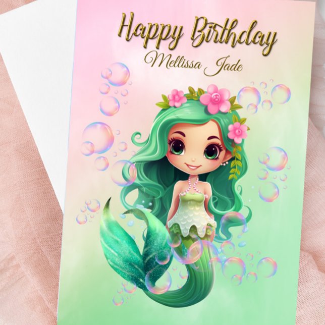 Cartão de Aniversário da Sereia da Menina de Nome  (Mermaid Birthday Card - Personalized )