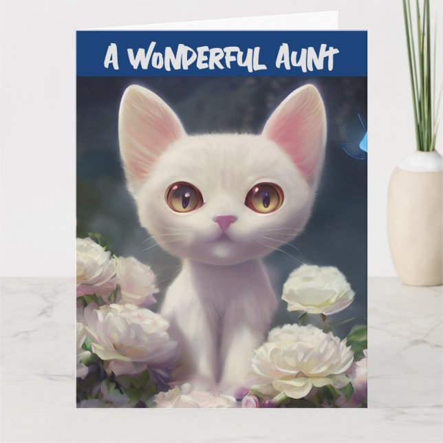 Cartão de aniversário da tia com gato branco (Frente)