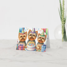 Cartão de Aniversário da Yorkie Puppy com Chapéus