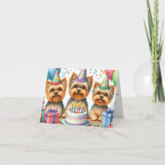 Cartão de Aniversário da Yorkie Puppy com Chapéus