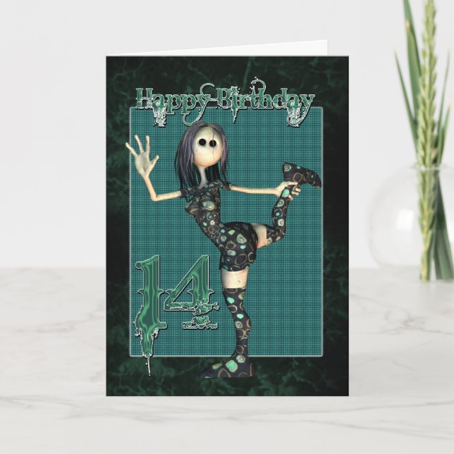 Cartão de aniversário de 14 com boneca Rag H.I.P M (Frente)