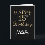 Cartão de aniversário de 15 brilhante preto e Dour<br><div class="desc">Cartão de aniversário de 15 brilhante preto e Dourado com nome personalizado.Para mais personalização,  clique no botão "Personalizar" e use a ferramenta design para modificar este modelo.</div>
