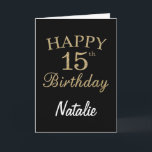 Cartão de aniversário de 15 brilhante preto e Dour<br><div class="desc">Cartão de aniversário de 15 brilhante preto e Dourado com nome personalizado.Para mais personalização,  clique no botão "Personalizar" e use a ferramenta design para modificar este modelo.</div>