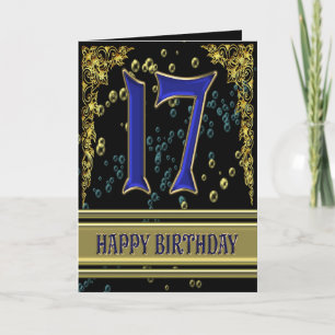 Cartão de aniversário de 17 anos com ouro e bolh