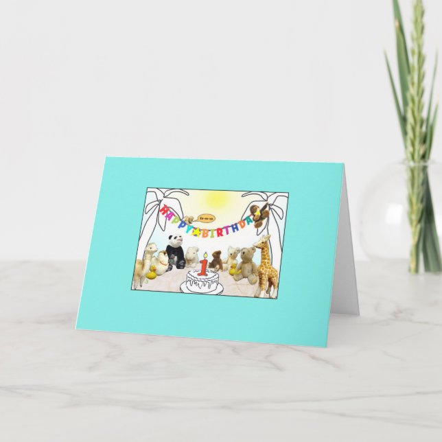 Cartão de Aniversário de 1 Vela de Animais (Frente)