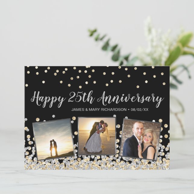 Cartão de Aniversário de 25 Anos com Confetes de O (Em pé/Frente)