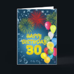 Cartão de aniversário de 30 anos com<br><div class="desc">Os fogos-de-artifício de explosão iluminam acima o céu neste cartão de aniversário de 30 anos espectacular. Muitos balões da celebração adicionam ao sentimento do partido. Um cartão de aniversário apropriado para todos. Copyright Norma Cornes.</div>