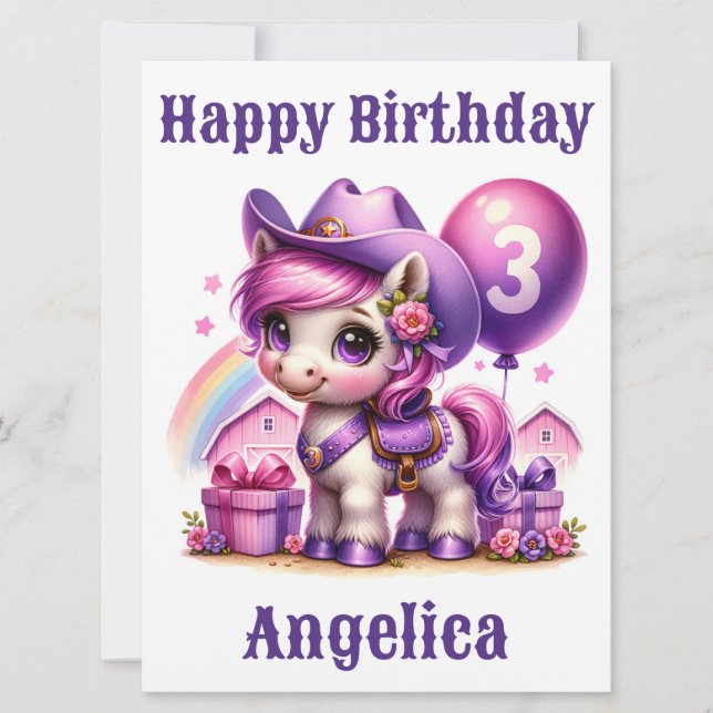 Cartão de Aniversário de 3 Anos de Cowgirl Pony (Frente)