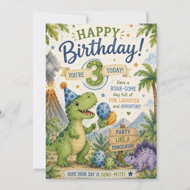 Cartão de Aniversário de 3 anos Dino-Mite (Frente)