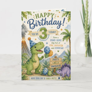 Cartão de Aniversário de 3 Anos Dino-Mite